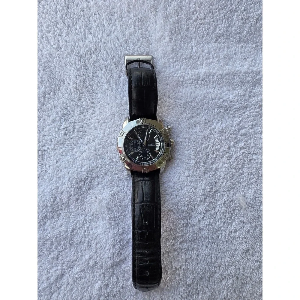 Guess Waterpro Chronograph Mens Watch Black Leather Strap U16518G2 100M Stainles